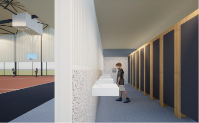 Interior view of the proposed multi-purpose court, designed to support sport, assemblies and community gatherings.
