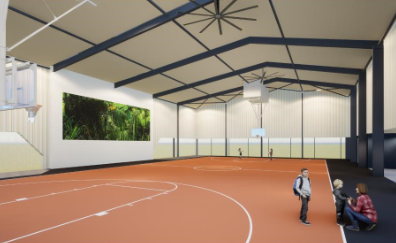 Interior view of the proposed multi-purpose court, designed to support sport, assemblies and community gatherings.